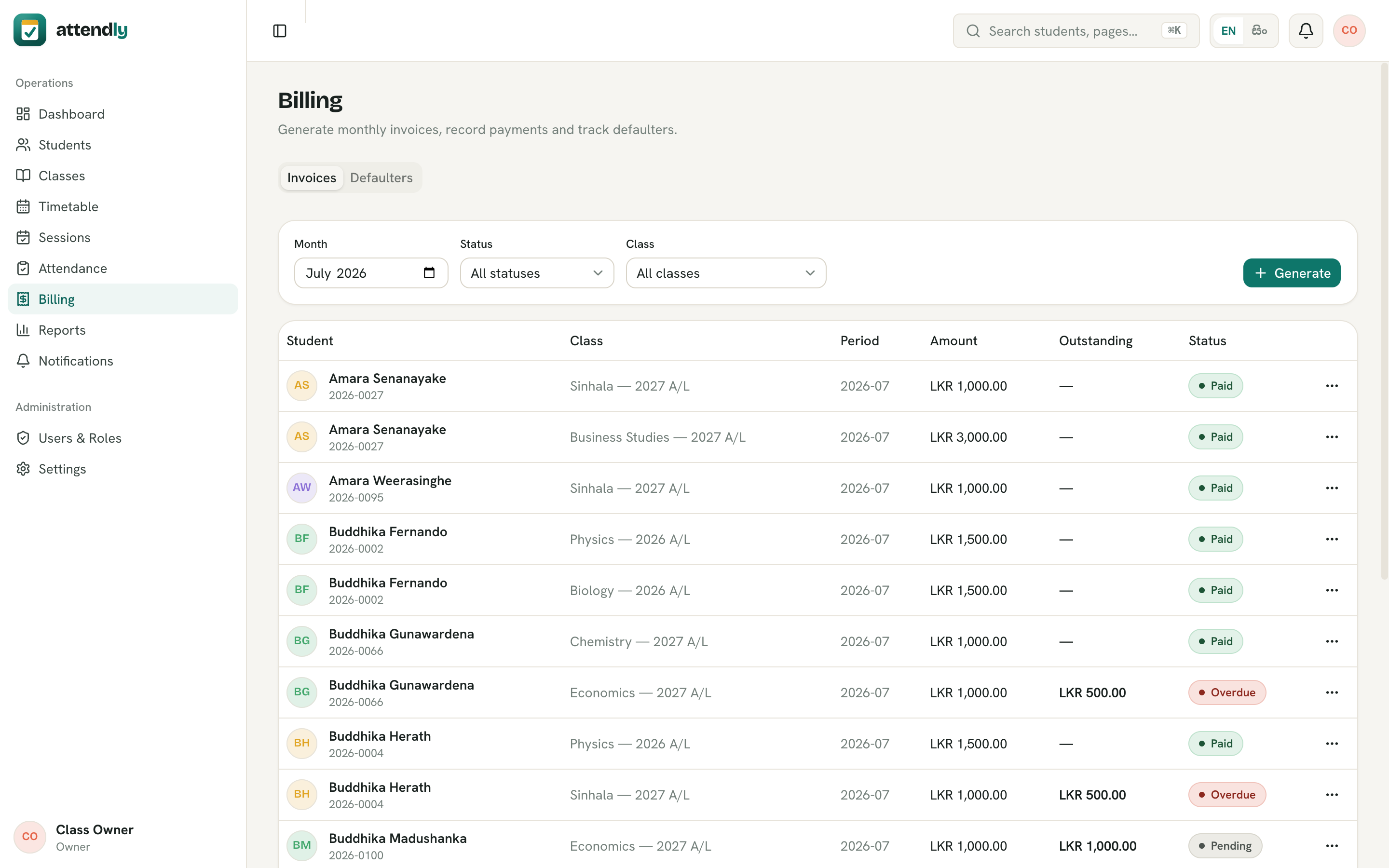 Billing view with paid, partial, and unpaid invoices