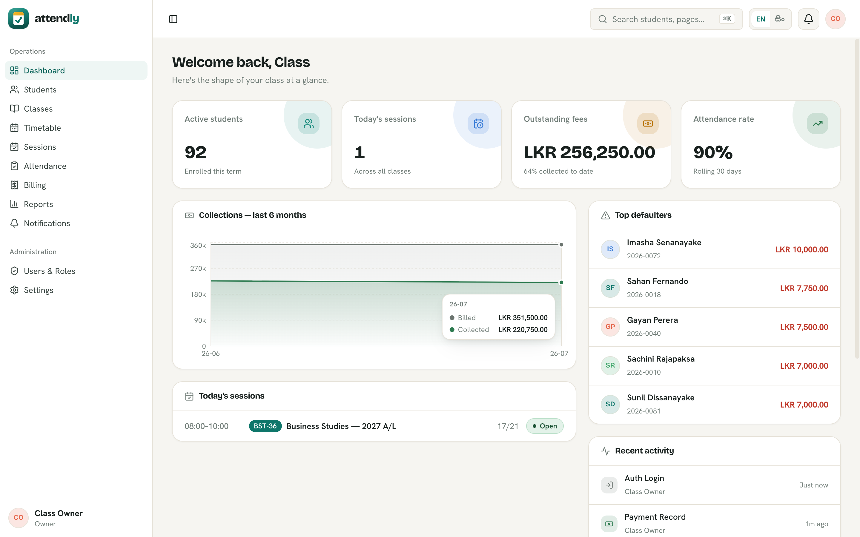 Attendly admin dashboard with attendance and revenue summaries