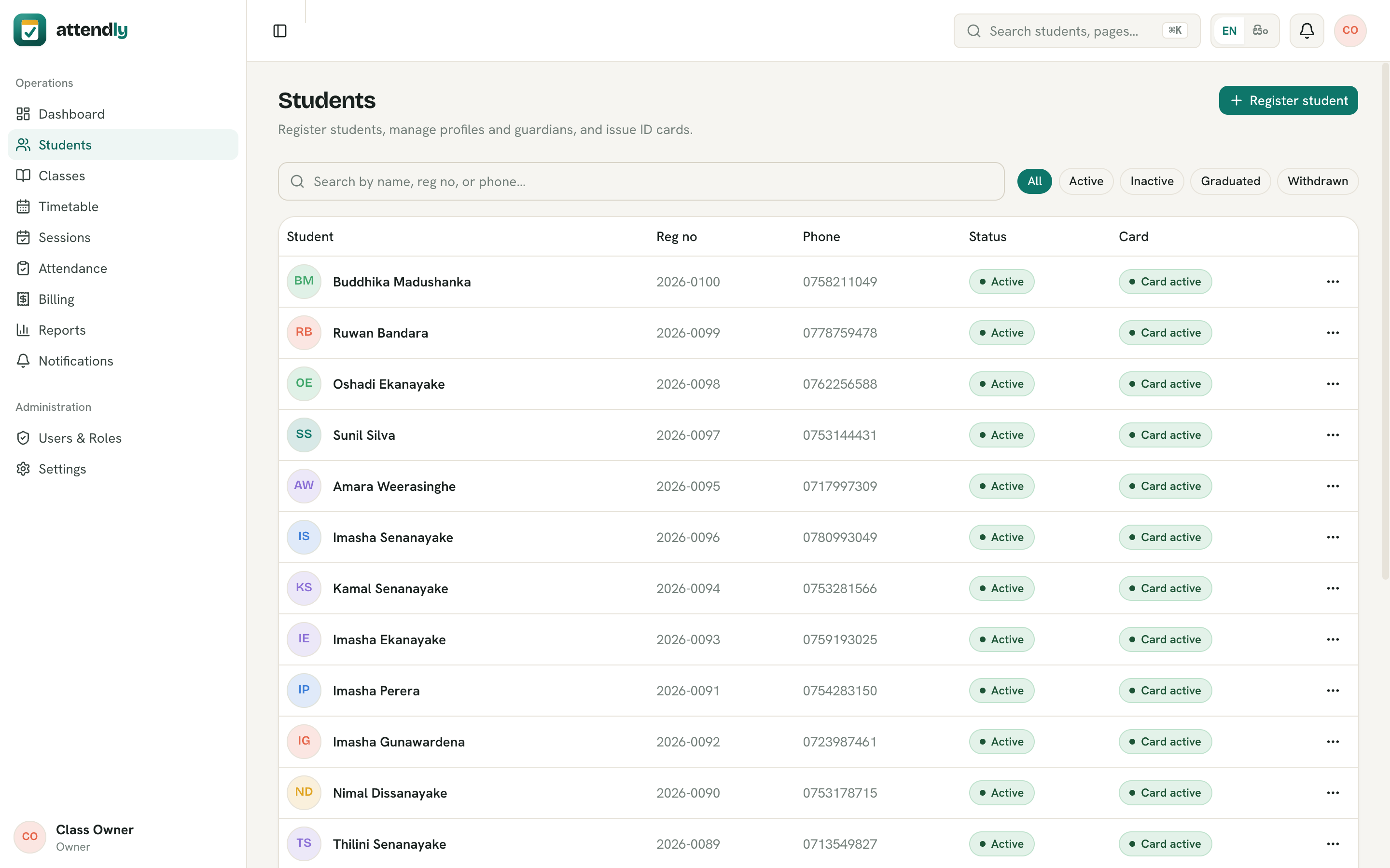 Student roster with per-student attendance and billing status