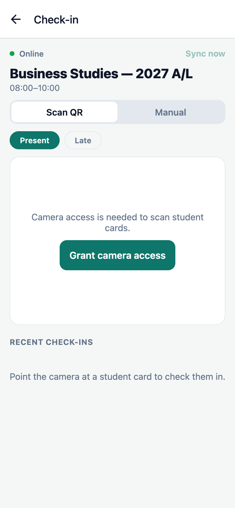 Door check-in screen with QR scanning, manual lookup, and recent check-ins