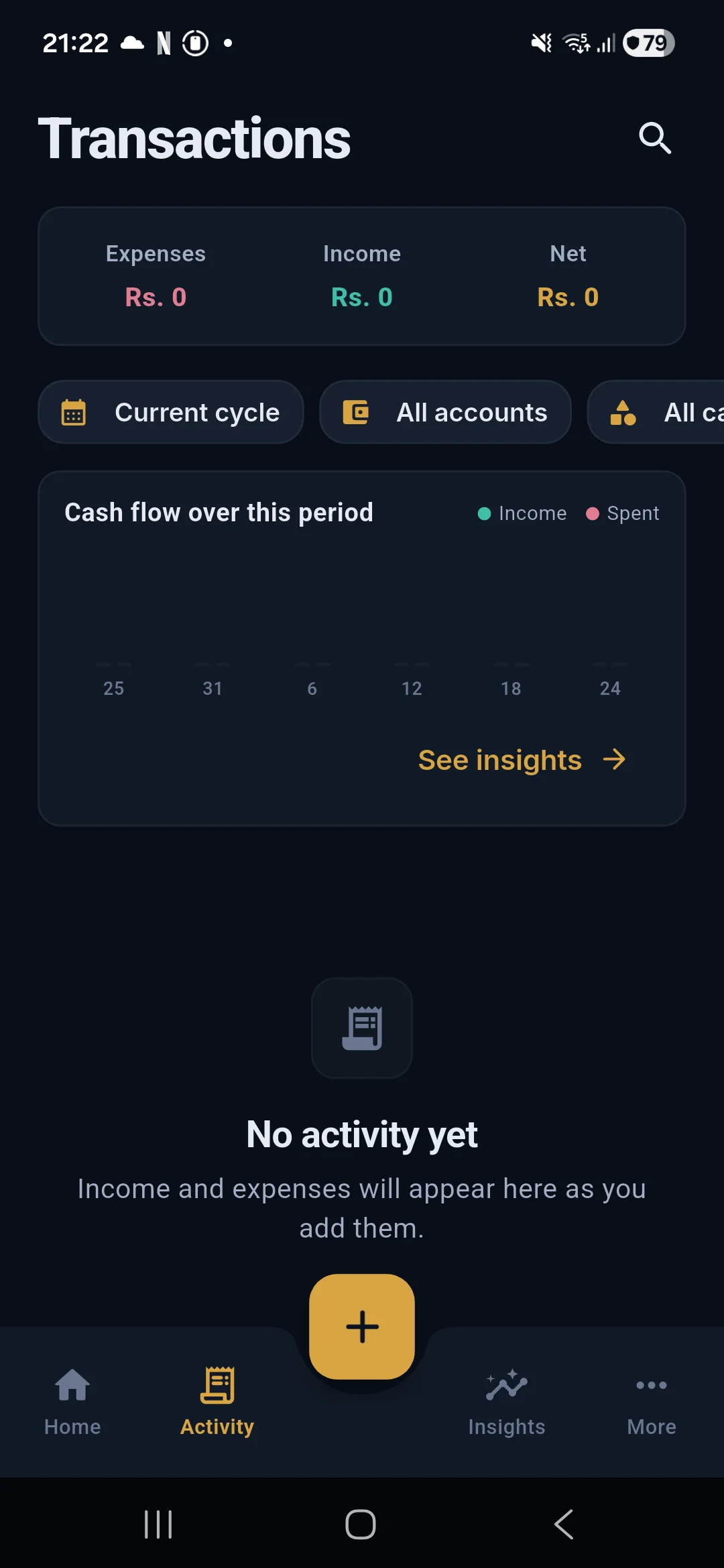Salli Activity screen with date range, search and filter controls