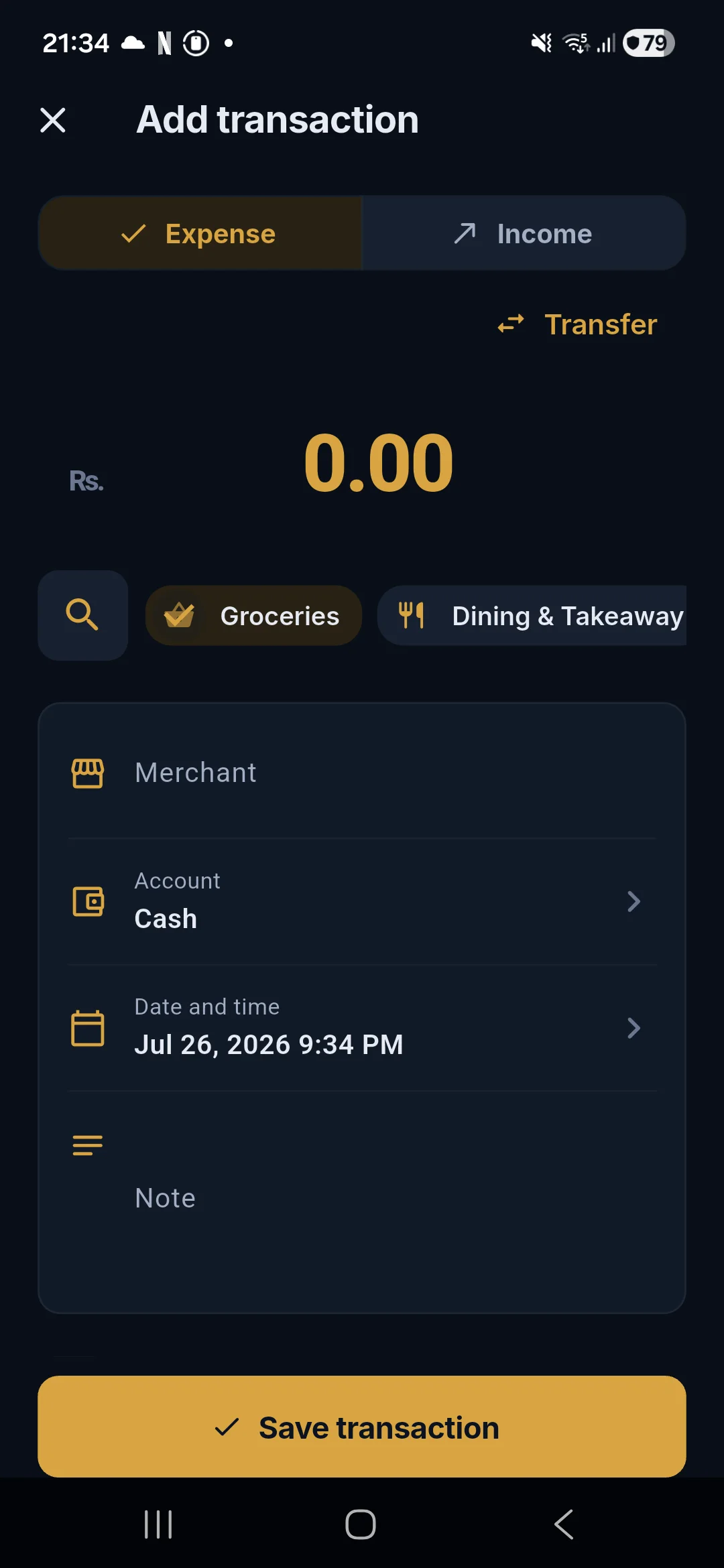 Salli transaction editor on an Android phone