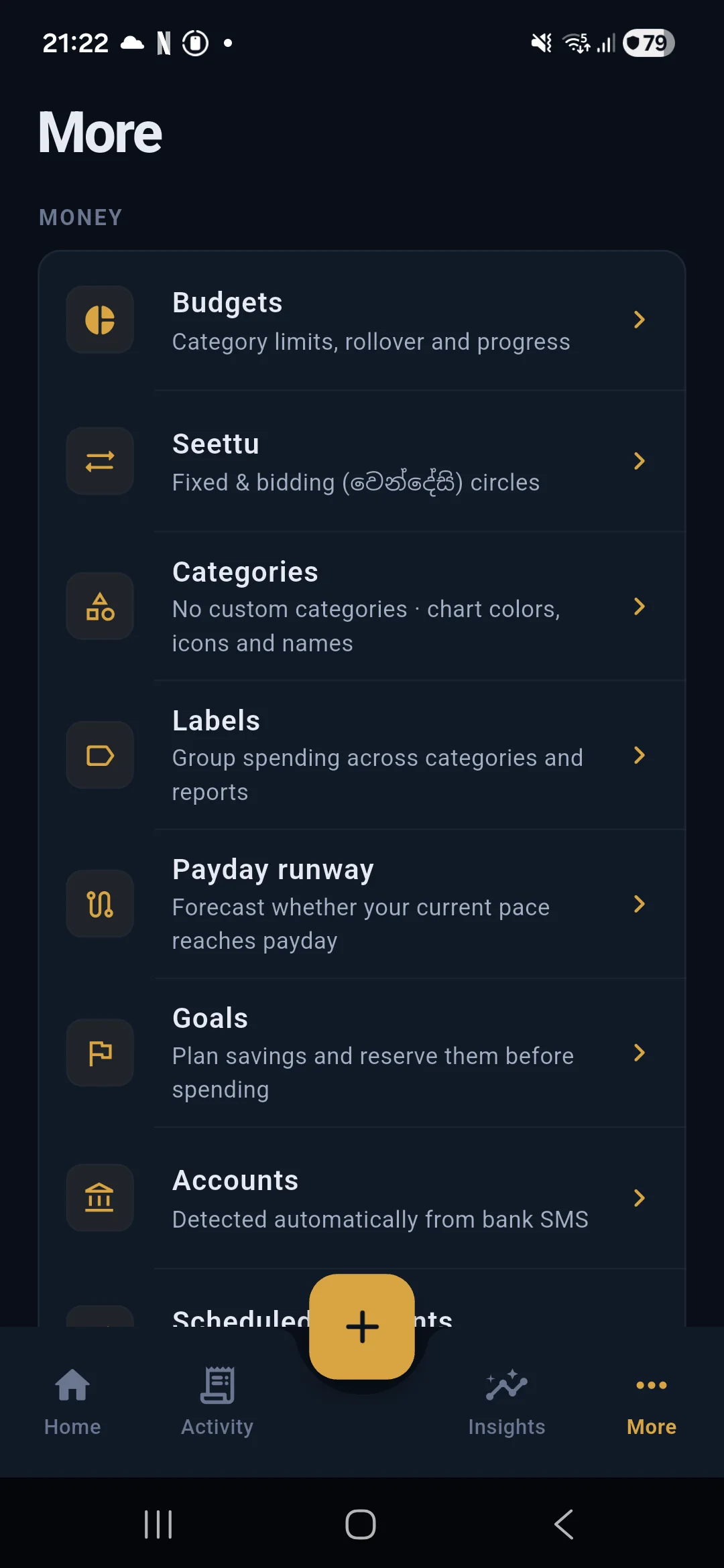 Salli feature menu showing budgets, Seettu, categories, labels, goals, accounts and scheduled payments