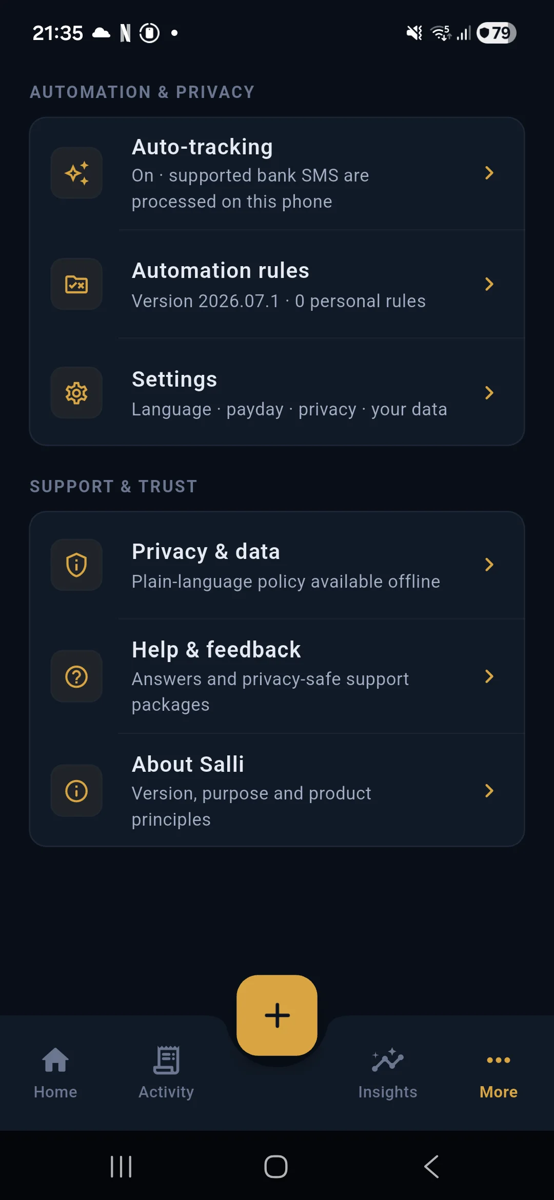 Salli automation, rules, privacy and support controls on Android
